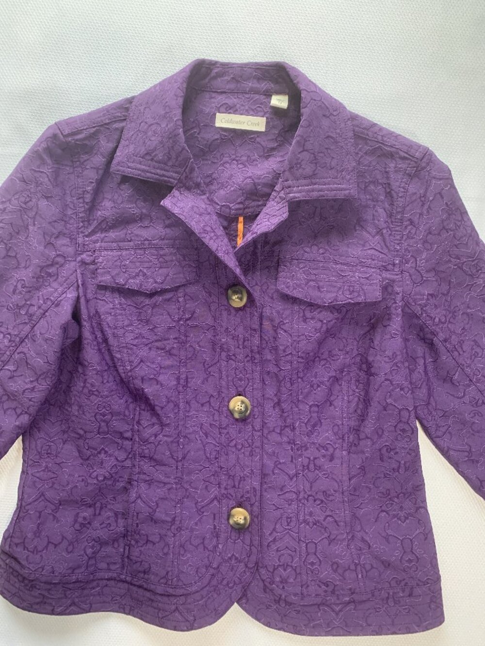 Coldwater Creek Jacket Womens 12 Purple Floral Damask Button Front Cottagecore